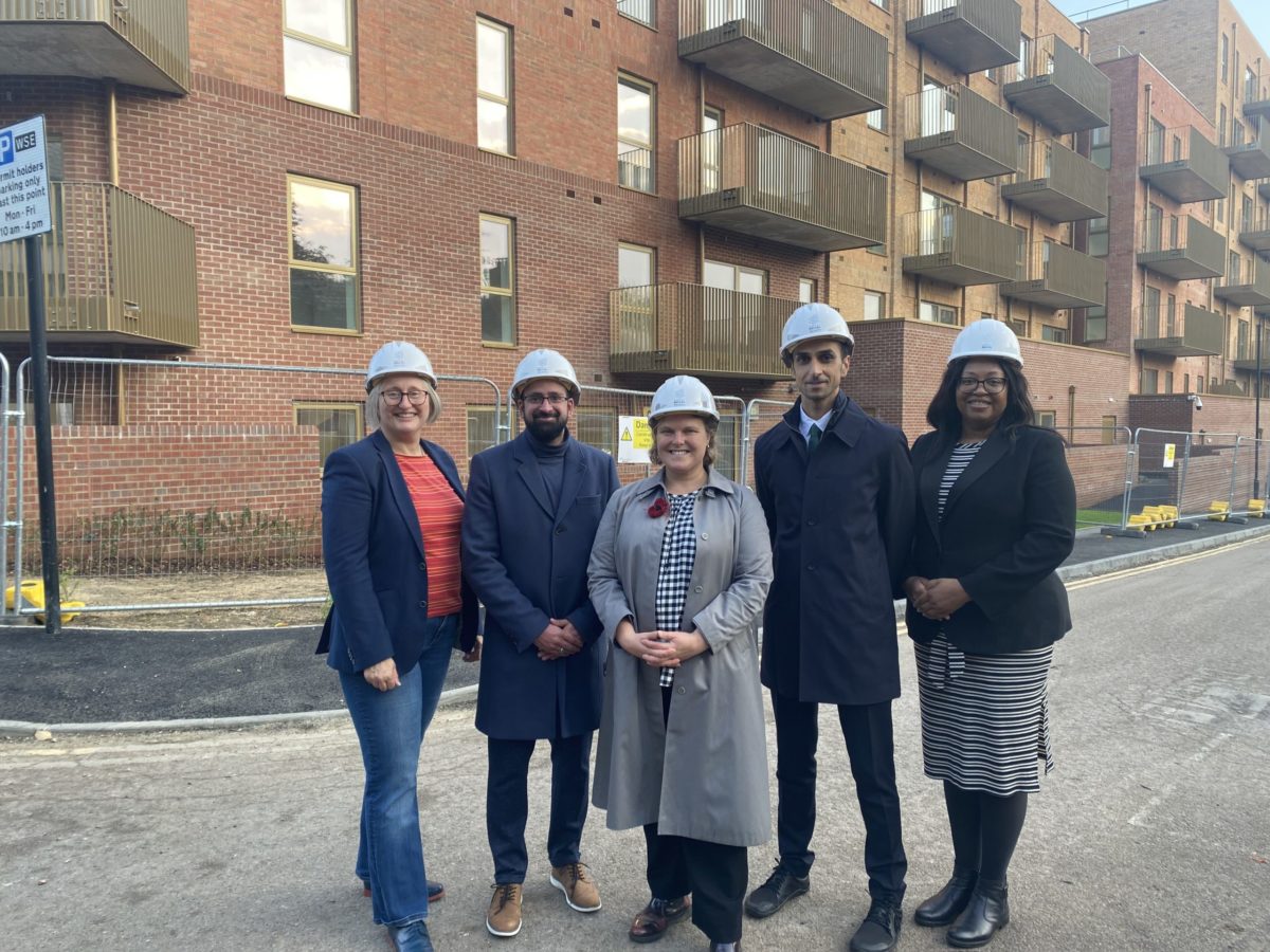 Leader Grace Williams, Deputy Leader and Cabinet Member for Housing and Development Cllr Ahsan Khan, Cabinet Commissioner Cllr Elizabeth Baptiste, local cllr Yusuf Patel and local cllr Caramel Quin at the new Hylands Road development in Upper Walthamstow wardnew housing development